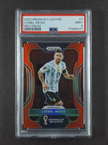 2022 Panini Prizm LIONEL MESSI 130/399 Red Prizm World Cup Winning Yr #7 PSA 9