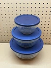 VTG Pyrex Clear Ribbed Glass Mixing Bowls Set 3 - 7401, 7402, 7403 W Blue Lids