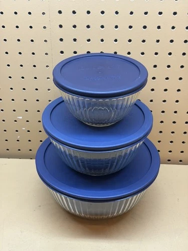 VTG Pyrex Clear Ribbed Glass Mixing Bowls Set 3 - 7401, 7402, 7403 W Blue Lids