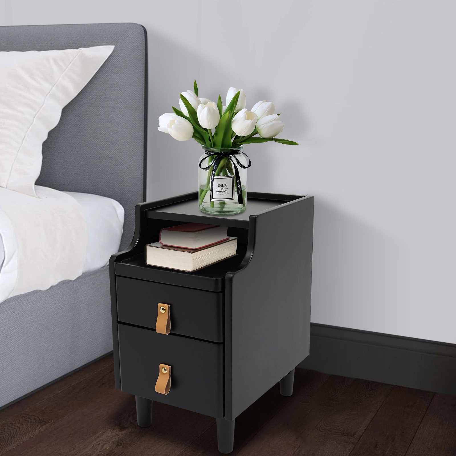Modern 2-Tier Bedside Table with 2 Drawers - Slim Storage Cabinet for Bedroom