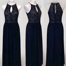 Nightway Halter Lace Sequin Formal Maxi Gown Midnight Blue Elegant Size 12
