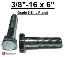3/8-16 x 6" (PT) Hex Bolt Zinc Plated Grade 5 Cap Screw Coarse Thread