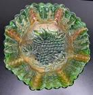 Vintage Imperial Green Carnival Glass Ruffled Bowl Grape Design