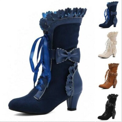 4 Colors Women Steampunk Round Toe Casual Lolita Kitten Heel Ankle Boots 34/43 D