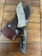 CUSTOM HANDMADE DAMASCUS BUFFALO HORN HANDLE KNIFE WITH LEATHER SHEATH R14