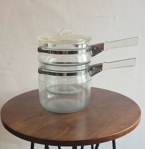 Pyrex Flameware Glass Double Boiler 6763-L Sauce Pan 1 1/2Qts Complete Original