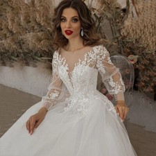 Modern Scoop Neck Puff Long Sleeves Lace Applique Strap Back Tulle Wedding Dress