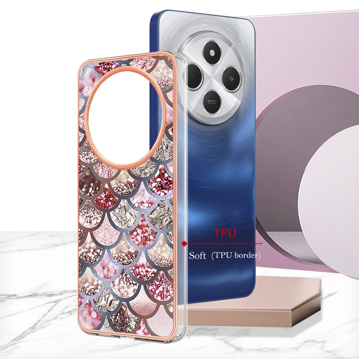 Glitter Cover Per Redmi 14C Con Anello Supporto – Custodia Morbida In TPU Magnetico Trasparente Per Poco C75 (Blu) - 4