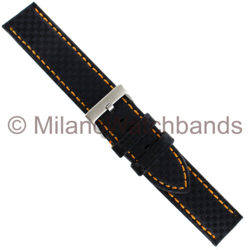 20mm Hadley Roma Carbon Fiber Black Padded Watch Band with Orange Stitching 847 - 第 1/3 張圖片