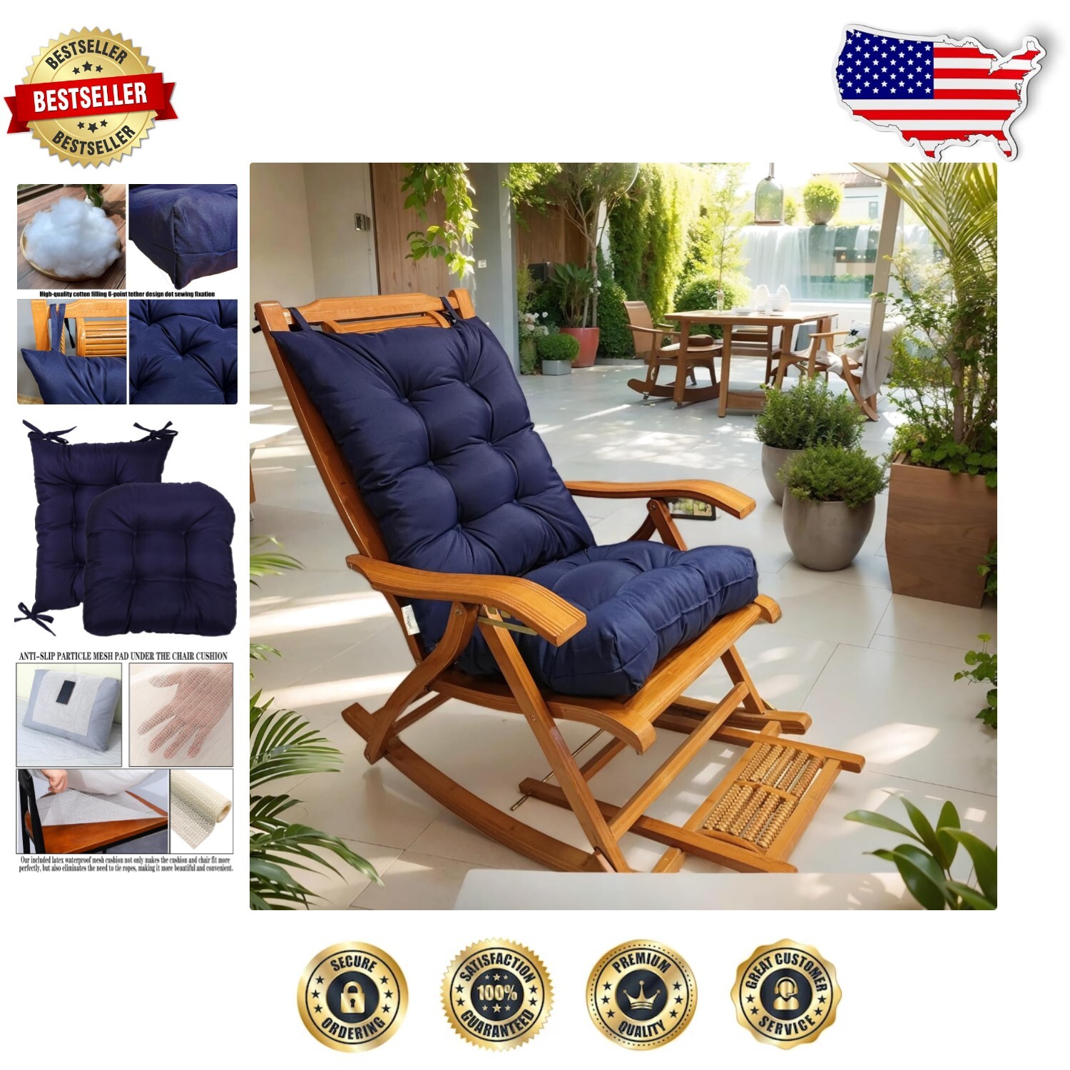 Durable Stylish Navy Blue Rocking Chair Cushions with Non-Slip Mesh Backing