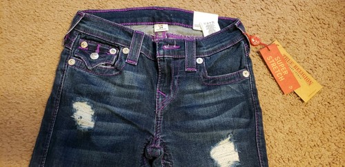 NWT True Religion Damen Distressed Neon Purple Stitch Skinny Jeans, Größe 24 - Bild 4 von 5