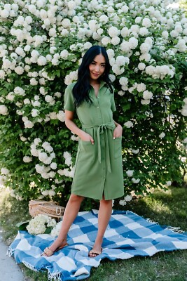 Rachel Parcell Everyday Woven Button-Up Green Shirt Dress Belted