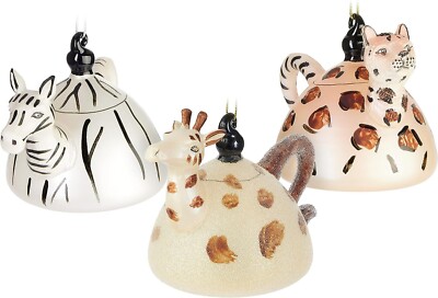 3-TLG. Weihnachtskugel Set Teekannen für Teaparty Giraffe Zebra Leopard aus Glas