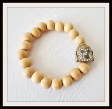 Crystal Buddha Bracelet w Bleached Wooden Beads Stretch Stackable New