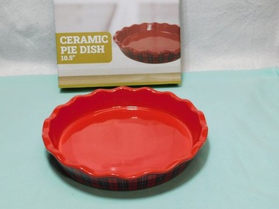 Chalet Kitchen Collection, Ceramic 10.5 '' Red/Plaid Pie Dish W/Original Box