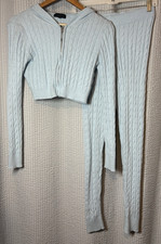 36Point5 Women  s 2-Piece Cable Knit Hoodie Sweater Pants Set Baby Blue Size L