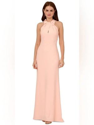 Adrianna Papell Peach Kiss Rosette Halter Crepe Dress Gown Size 8P $229