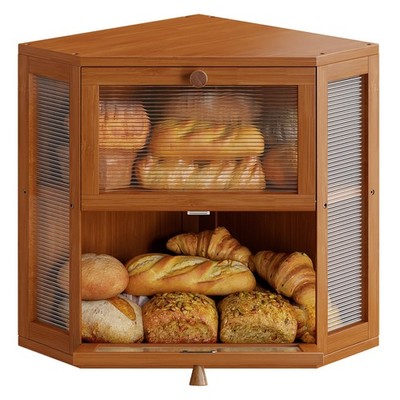 Wowlive Corner Bread For Kitchen Countertop Double Layer Bamboo Bread Storage