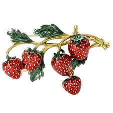 Vintage Strawberry Fruit Brooch Pin Red Enamel Jewelry Nature Leaf Summer Gift