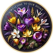 Welcome To Our Home Spring Floral Round Aluminum Metal Wreath Sign
