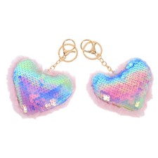 2Pcs Pink Plush Heart Keychains Sequin Reflective Bag Charm Accessories