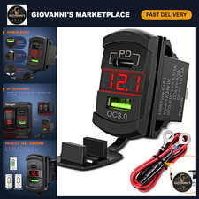 Rocker Switch PD Type C  USB Outlet with LED Voltmeter - 12V/24V Car Accessory