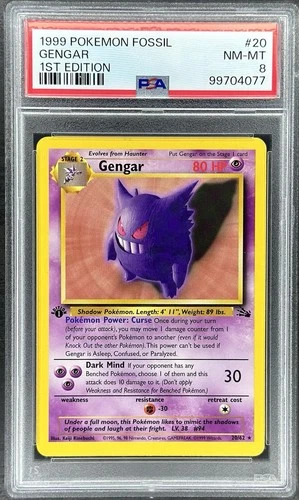 1999 Pokémon Fossil Gengar 1st Edition #20/62 (PSA 8)
