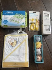 Baby Items- dishwasher basket, swaddle, hooded towel w/ cloth, toothbrush,  toy