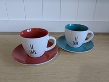 Ben De Lisi Le Cafe Espresso Coffee Cups and Saucers Set Pair Red Teal Stoneware