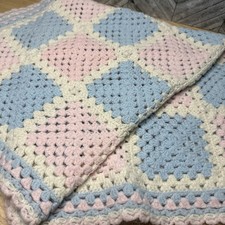 Hand Crochet Granny Square Baby Blanket Afghan Throw White Blue Pink Cottagecore