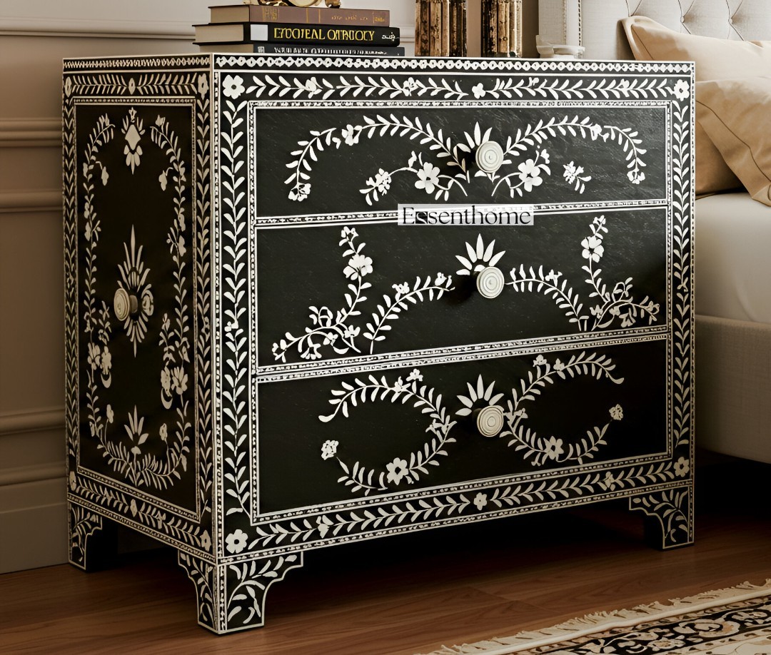 Handmade Bone Inlay Black and White Dresser – 3 Drawer Floral Chest | Indian Art