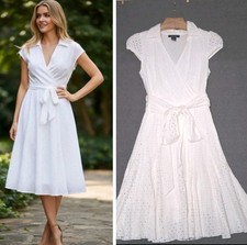 Karen Kane White Eyelet Embroidered Cotton Dress Sz 6 Wrap Around Waist Tie $158