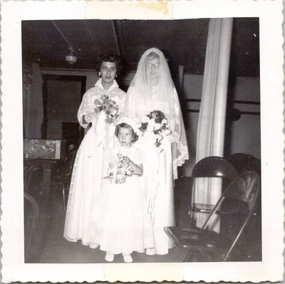 Wedding Portrait 1950s Snapshot Photograph Brides Flower Girl Americana