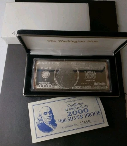 2000 Proof 4oz Silver Bar Fashioned after a $100 Franklin Note