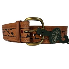 Looper 30 -33 Waist Hand Tooled Leather Western Belt 950 Gold Tone Buckle NEW