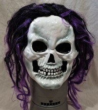 Halloween/Costume White Skull/Skeleton Rubberized/Scary Mask--Black/Purple Hair