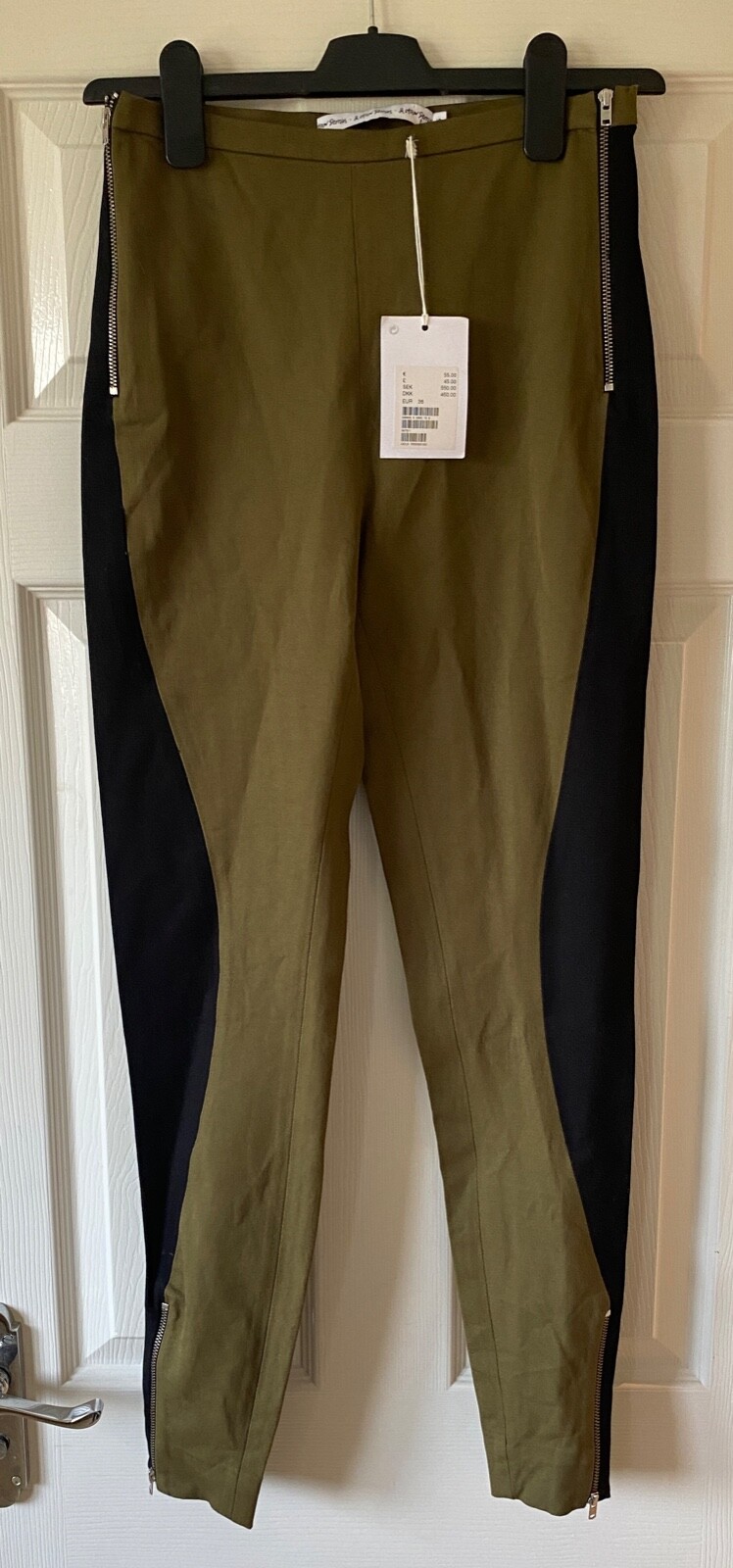 ALTRA BNWT Khaki Green & Black Skinny & OTHER STORIES Zipped Leggings 36 UK 8 £45!
