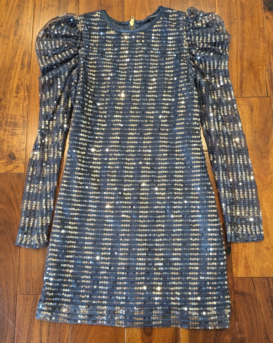 fcuk blue sequin dress French Connection Blue Sequined Dress US Size 2 Mini Cocktail Party Puff  Sleeves