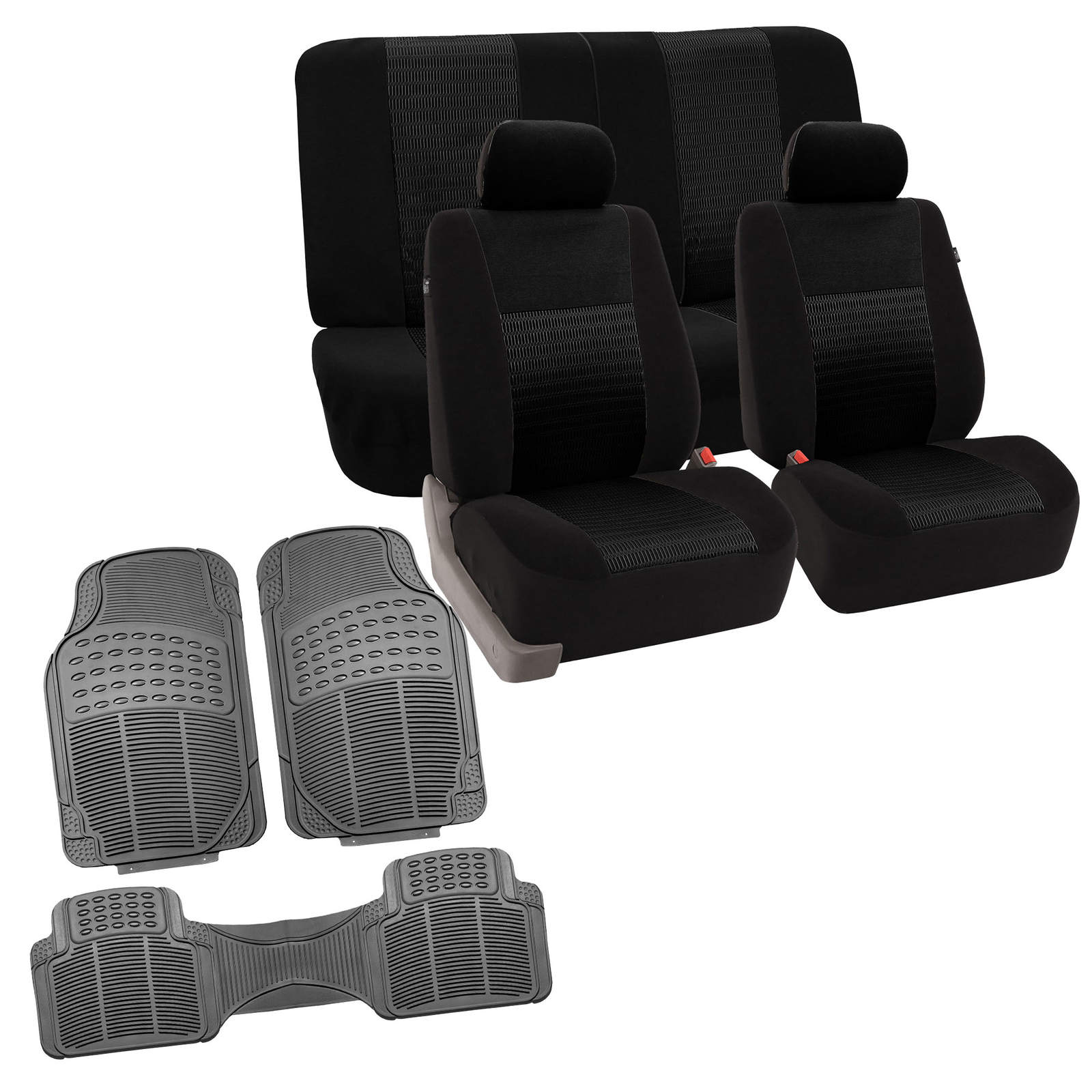 Full Interior Set Black Seat Covers for Auto w/ Gray Rubber Floor Mats