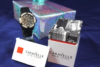 Brand New Caravelle by Bulova Men's Black Dial Crystal 45C002 Day/Date Watch
