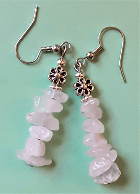 ROSE QUARTZ chips FLOWER drop earring FISH HOOK artisan WPR10