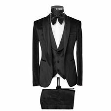 Slim Fit Mens Velvet Tuxedo in Black with Waistcoat - Suit - Wedding - Stage - Jacket