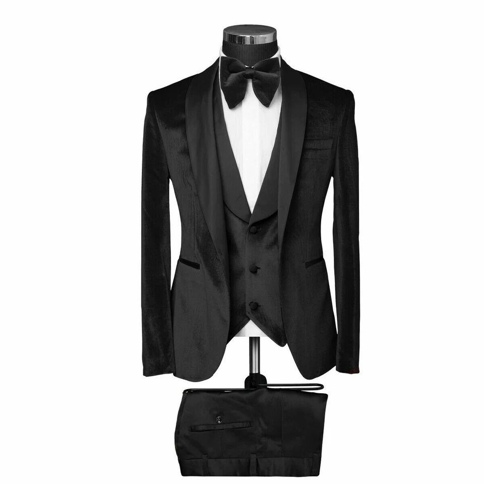 Slim Fit Herren Samt Smoking in Schwarz mit Weste -Anzug-Hochzeit-Bühne-Sakko