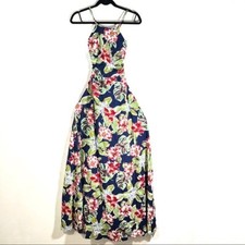 Lulu’s Blue Floral Navy Maxi Strappy Low Back Wedding Formal Dress Sz Small