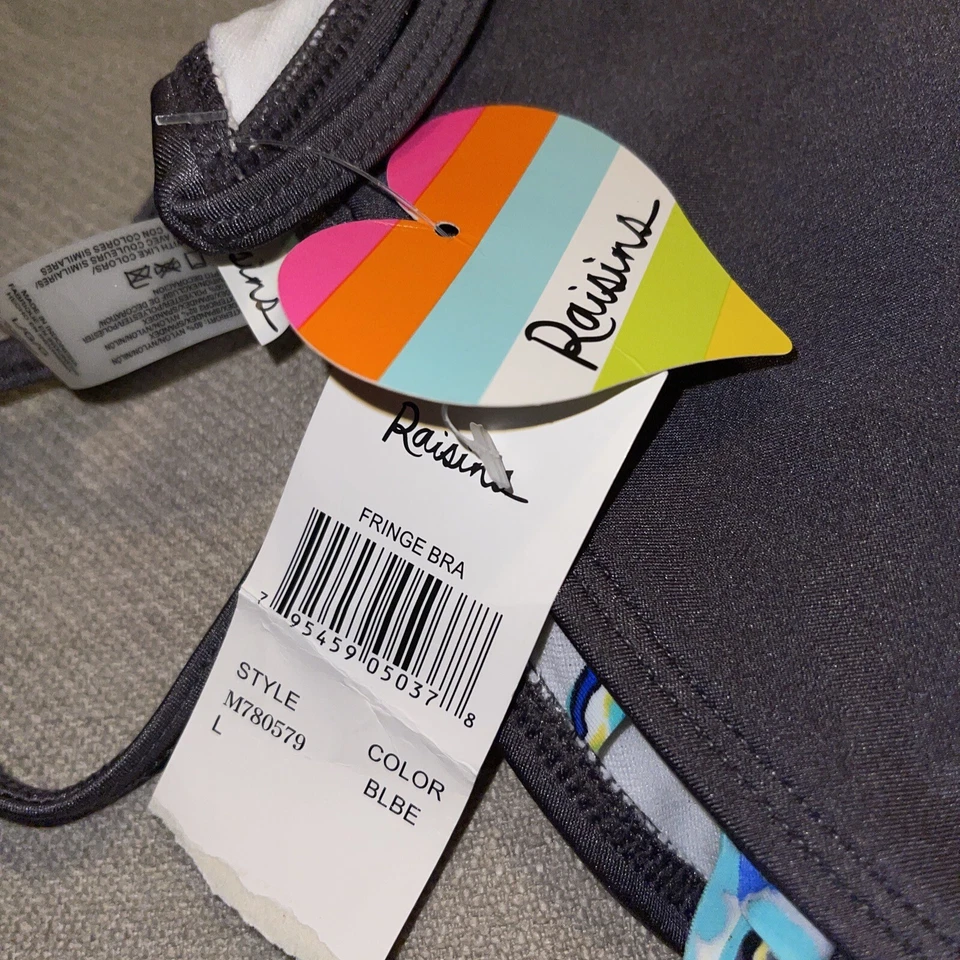 Raisins Bikini Swim Top Womens L Fringe Triangle String gray Blue M780579 Fun - Image 4 of 4