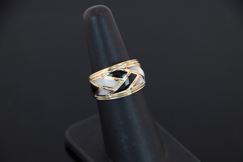 Asch Grossbardt 14K Yellow Gold Inlay Mother Of Pearl Black Onyx Ring Band 6.5 - Picture 3 of 8