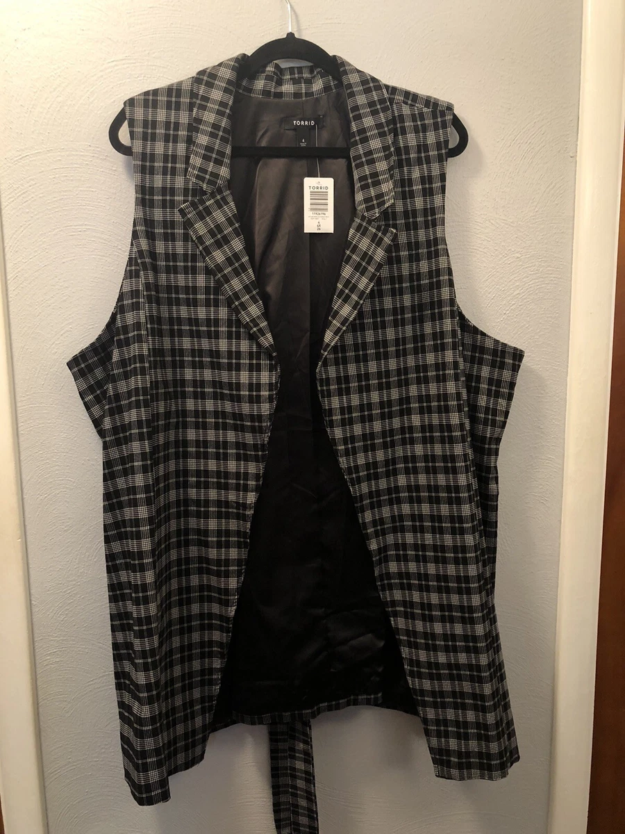 Torrid Womens Plus Size 4 4x Black Plaid Self-Tie Cutaway Vest New