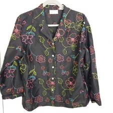 Vintage Studio Works Top Womens M Silk Colorful Flowers Embroidered Button Up