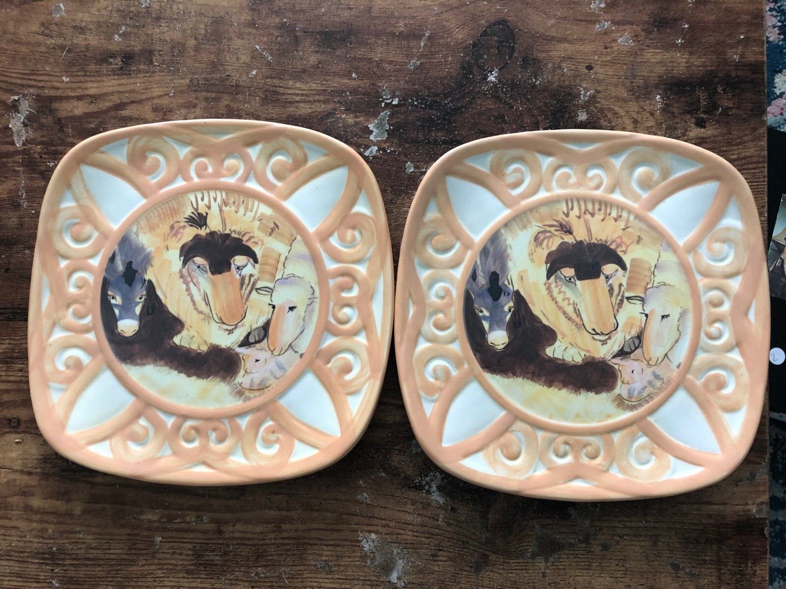 Vintage PFALTZGRAFF Peace on Earth Square Plates 2pcs SHEEP LAMB DONKEY #2
