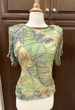 Vtg Neiman Marcus x Judith Ann Creations 100% Silk Sequined Floral Top Fairy S